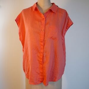 Women's 100% Linen Coral Button-Down Shirt Size Medium Short Sleeve